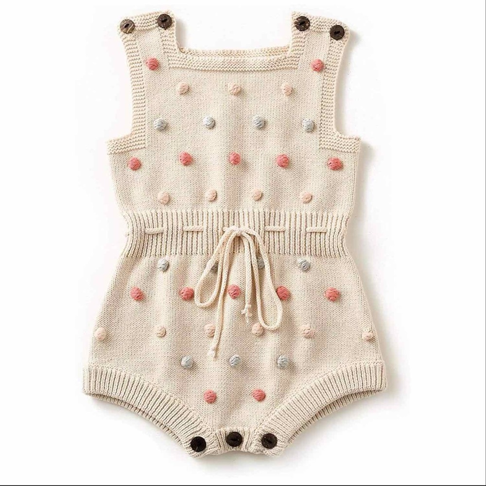 The EVIE Baby Girl PomPom Knit Romper in Apricot